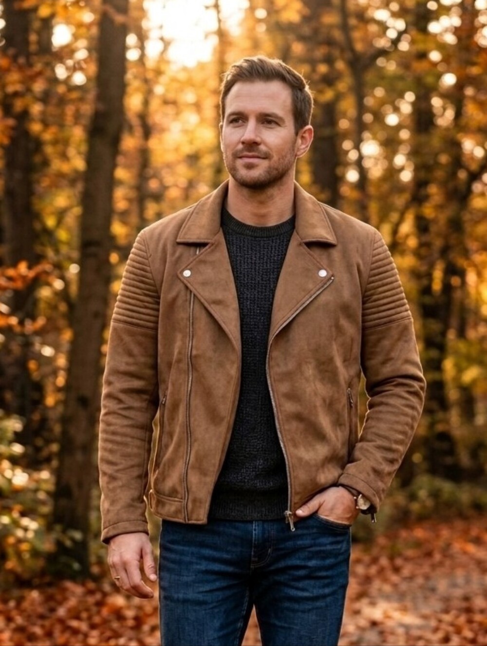 GUESS Men's Brown Suede Moto Jacket